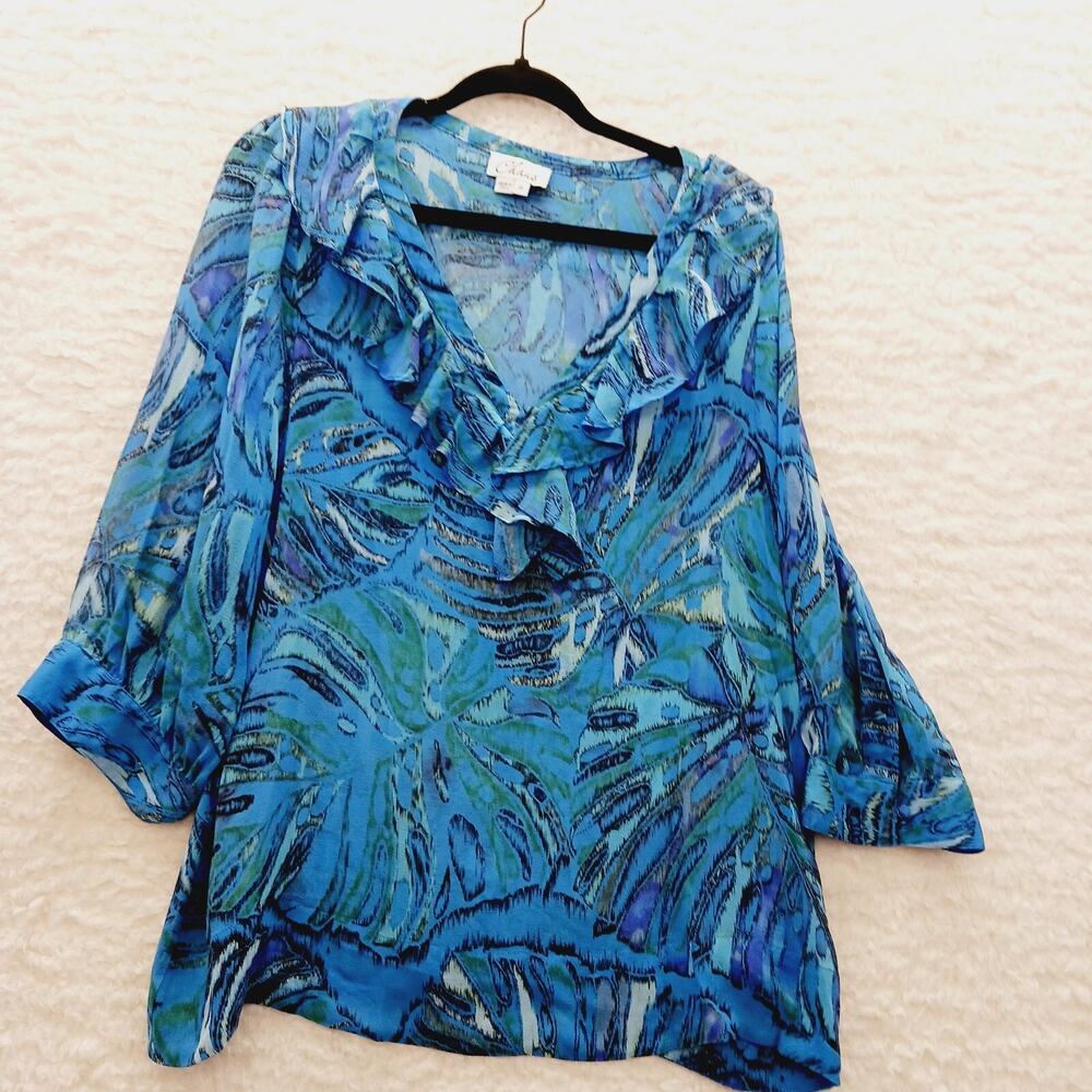 Blouse Ruffled Sheer Blouse Blue Coastal Cowgirl Artsy Office Vacation Size 14